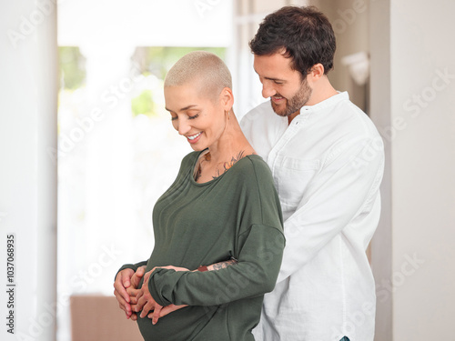 Pregnancy, hug and couple with love, home and bonding together with happiness in lounge. Apartment, pregnant woman and embrace with smile, care and wellness with maternity, relationship and stomach