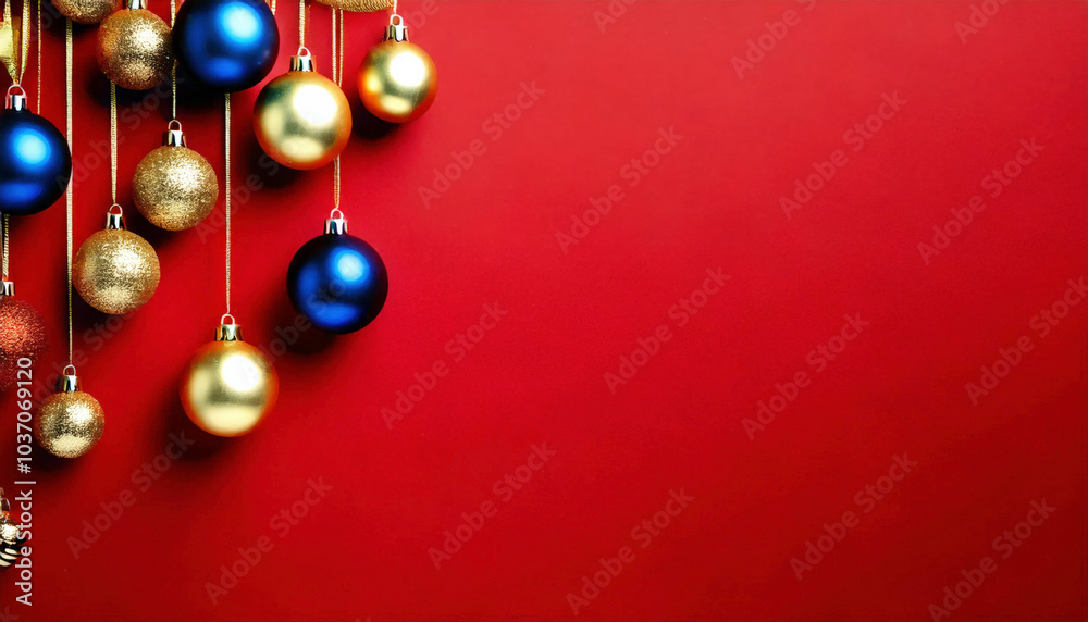 Christmas ornaments hanging on red background with copy space