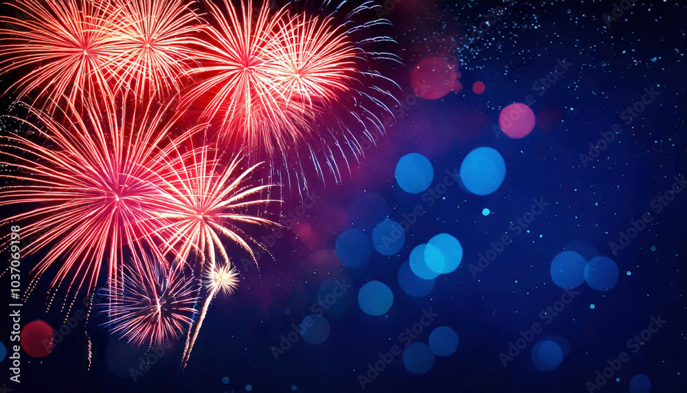Fototapeta premium Fireworks with golden bokeh lights for new year's eve celebration
