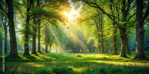 A beautiful and tranquil forest glade is illuminated by warm sunlight on a sunny day, with towering trees, lush undergrowth, and a few birds singing in the branches, foliage, song photo