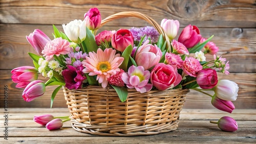 a basket filled with an assortment of colorful pink flowers including tulips, daisies, and carnations, floral, beauty, nature photo