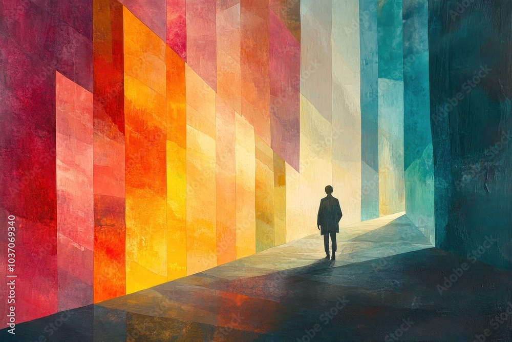 A lone figure walks down a path framed by vibrant, colorful walls, representing a journey into the unknown or a new chapter.