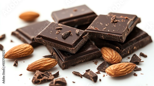 Closeup of dark chocolate squares and almonds on a white background.
