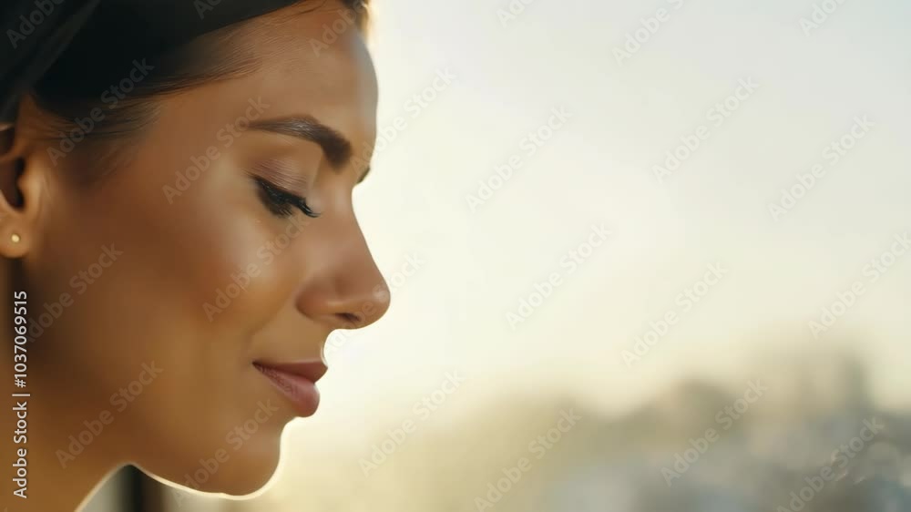 Serene woman enjoying golden sunset with blissful expression outdoors Serene woman enjoying golden sunset with blissful expression outdoors