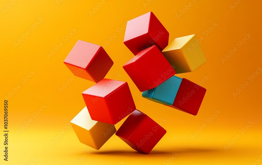 Abstract composition of colorful cubes floating in mid-air against a vibrant yellow background. Abstract composition of colorful cubes floating in mid-air against a vibrant yellow background.