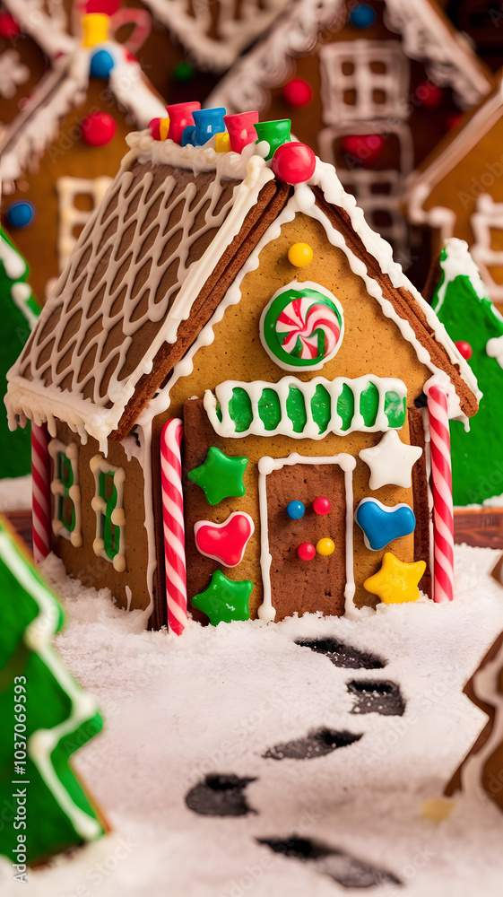 Obraz premium Colorful gingerbread house decorated with icing and candy for the holidays