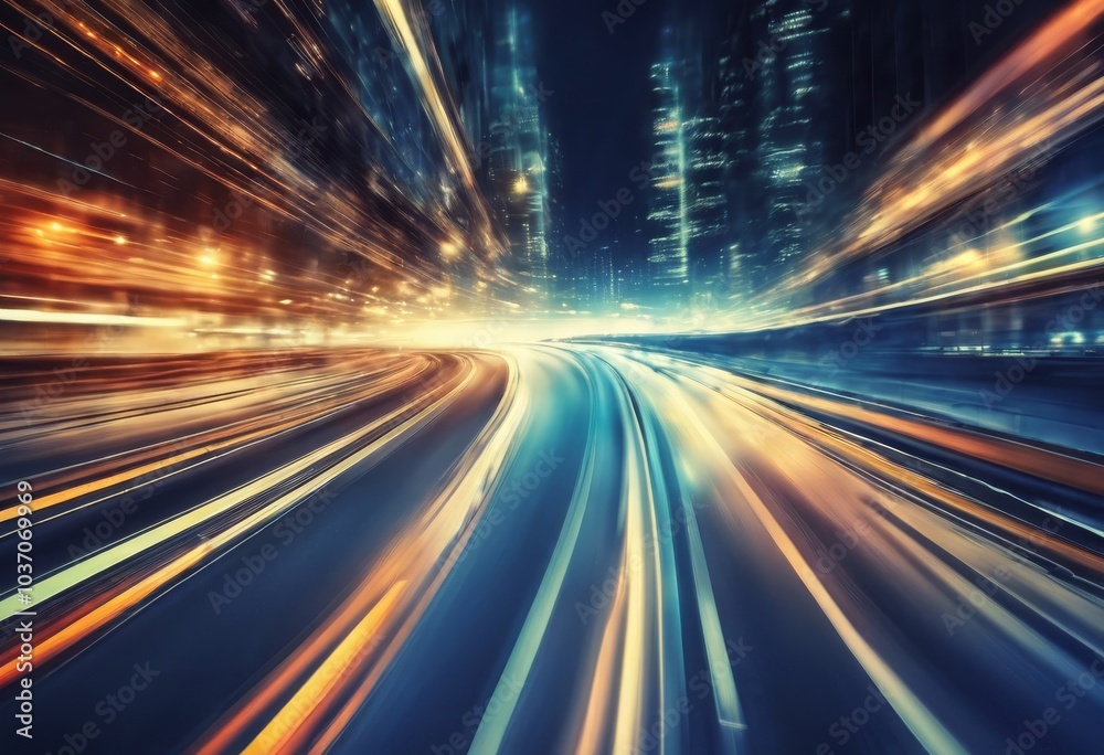 Obraz premium Glare on an empty night road. Speed, view from the car, bright lights, night city