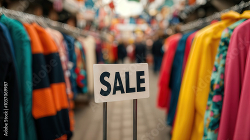 Sale sign standing on empty table in clothing store