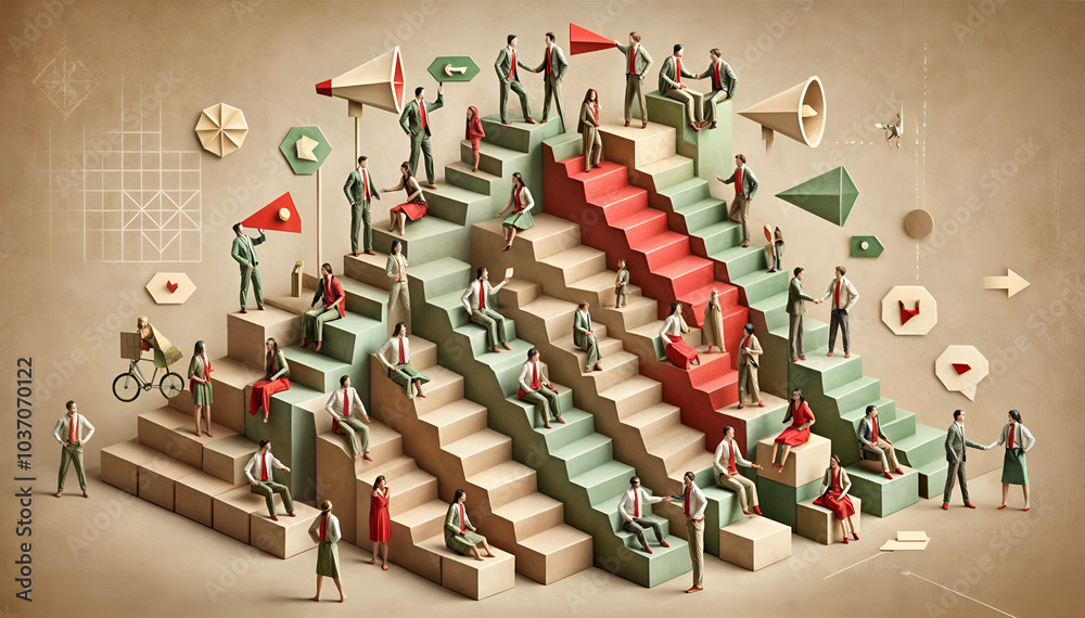 Fototapeta premium Origami-style business collaboration scene with pastel staircase and diverse paper characters interacting and communicating in a professional environment