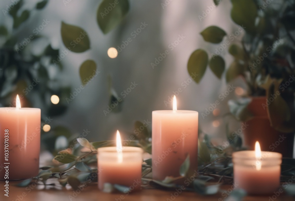 Burning candles decorated with green branches in a cozy room. Home atmosphere, holiday, romance, relaxation Burning candles decorated with green branches in a cozy room. Home atmosphere, holiday, romance, relaxation