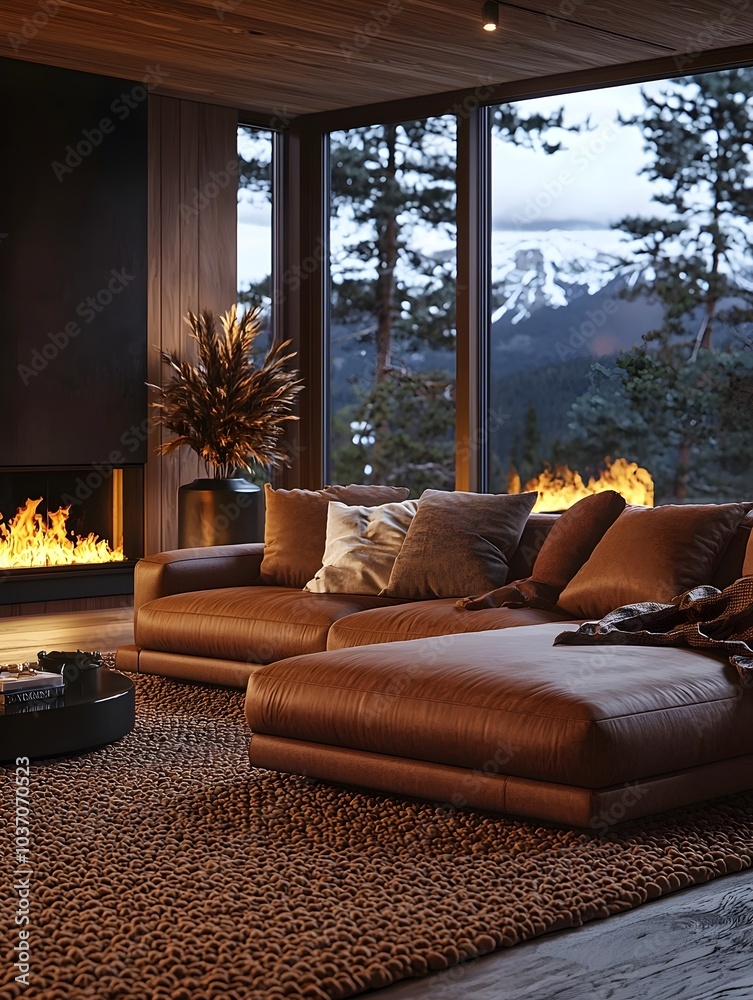 Fototapeta premium A cozy contemporary living room featuring a leather sectional sofa, warm lighting, and a stunning mountain view through large windows.