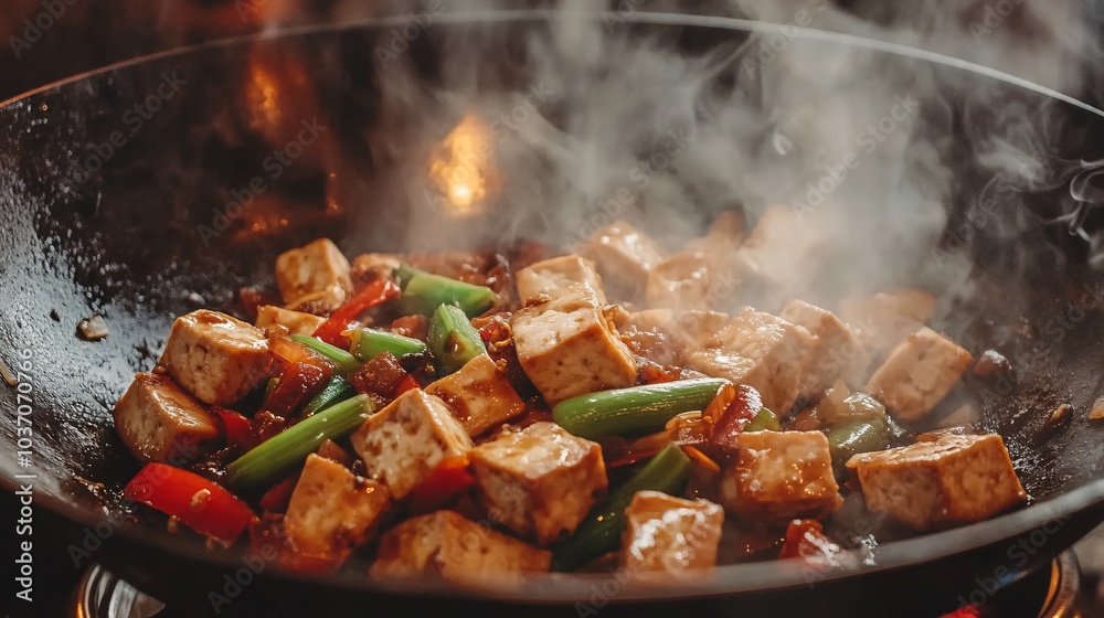 Close-up of tofu cubes being stir-fried with fresh vegetables in a wok, creating a delicious and aromatic dish that showcases vibrant colors and textures. Close-up of tofu cubes being stir-fried with fresh vegetables in a wok, creating a delicious and aromatic dish that showcases vibrant colors and textures.