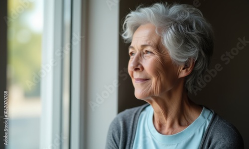 Senior woman looking outside with a peaceful expression.