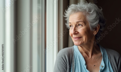 Mature woman with a joyful look on her face, gazing outside.