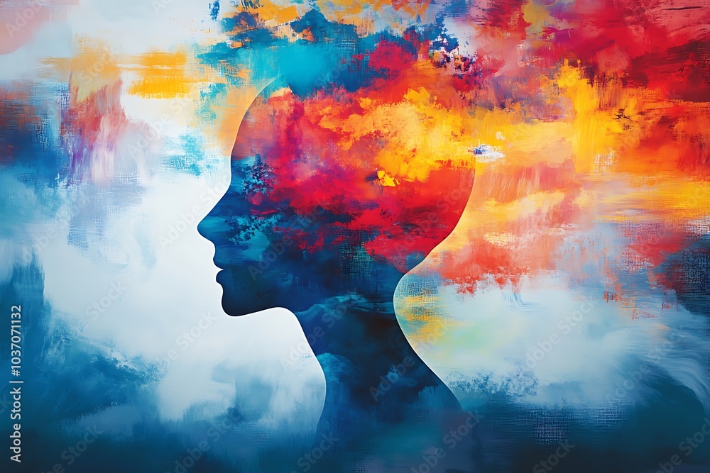 Silhouette of a human head filled with vibrant, colorful bursts of clouds, symbolizing creativity, imagination, and abstract thinking. Silhouette of a human head filled with vibrant, colorful bursts of clouds, symbolizing creativity, imagination, and abstract thinking.