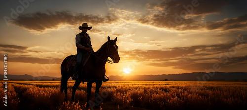 A lone cowboy and his trusty steed, silhouetted against the fiery orange hues of a desert sunset.