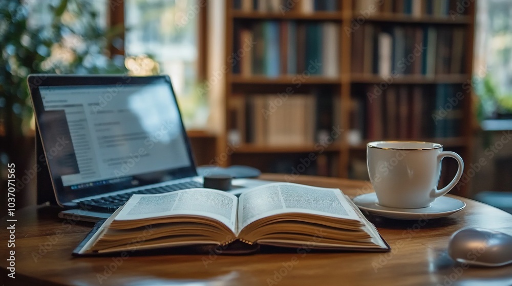 Open book, laptop, and coffee cup on a wooden table in a library. Open book, laptop, and coffee cup on a wooden table in a library.