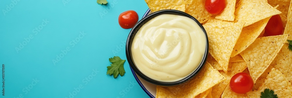 Tasty corn chips are artfully arranged around a bowl of creamy cheese sauce and garnished with fresh cherry tomatoes on a blue background. Generative AI Tasty corn chips are artfully arranged around a bowl of creamy cheese sauce and garnished with fresh cherry tomatoes on a blue background. Generative AI