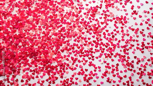 Falling red heart confetti on white background.