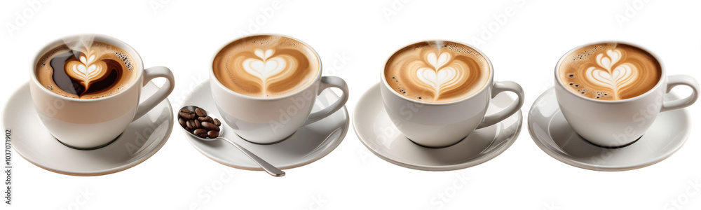 A series of 4 coffee cups isolated on a transparent background, top view A series of 4 coffee cups isolated on a transparent background, top view