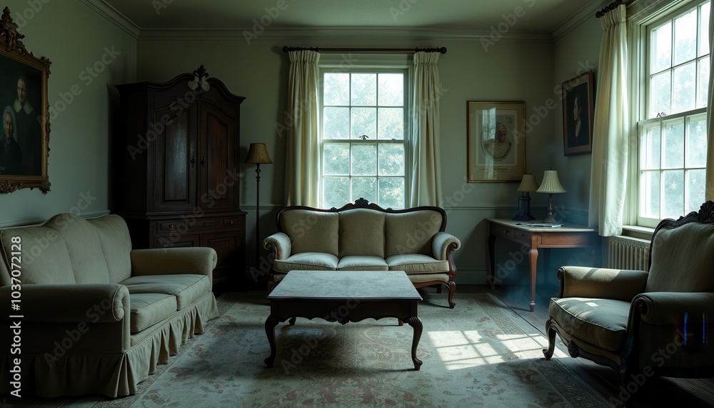Fototapeta premium Vintage Haunted Living Room with Antique Furniture Covered in Dust and an Eerie Glow from the Cracked Windows.