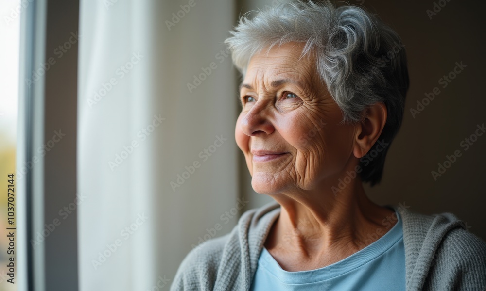 Older woman smiling while looking out from indoors. Older woman smiling while looking out from indoors.