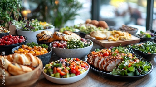 Healthconscious brunch scene featuring caloriecontrolled foods and a clean modern backdrop and people