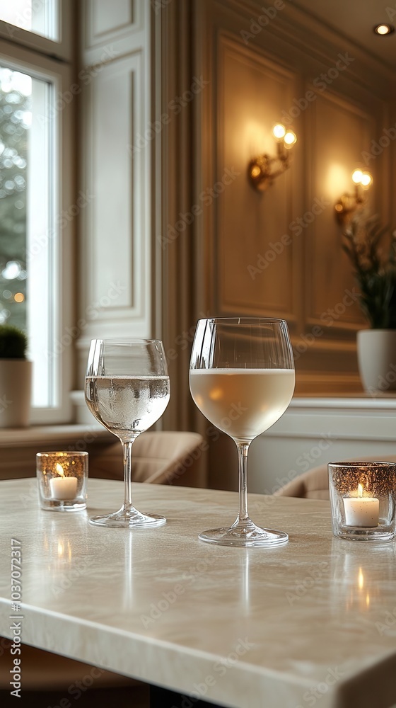 elegant beige tabletop against classic wall panels creating a sophisticated backdrop for cosmetics drinks and culinary presentations illuminated by soft diffused lighting