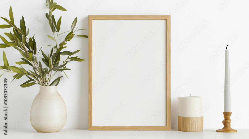 Wood Frame Mockup with Olive Branches and Candleholder Wood Frame Mockup with Olive Branches and Candleholder