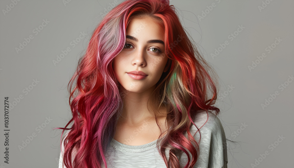 Portrait of young woman with dyed long curly hair on grey background. Trendy hairstyle design Portrait of young woman with dyed long curly hair on grey background. Trendy hairstyle design