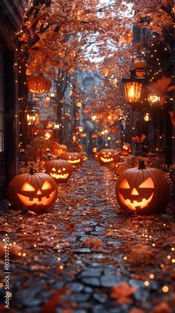 3D Illustration of a Cobblestone Street Decorated with Jack-O-Lanterns for Halloween 3D Illustration of a Cobblestone Street Decorated with Jack-O-Lanterns for Halloween