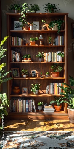 A charming wooden bookshelf filled with books and various potted plants, bathed in warm sunlight that creates a cozy and inviting atmosphere.