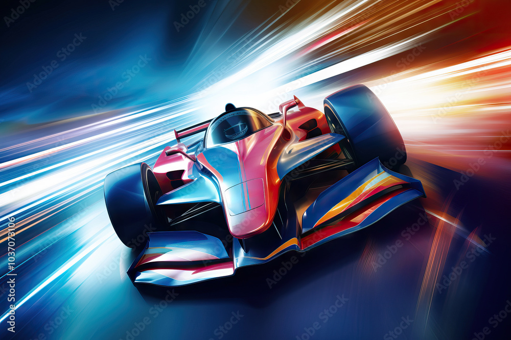 Fototapeta premium Powerful generic race car speeding on track with motion lines to show speed. Racing car. High speed and adrenaline. Motorsport concept. Background, wallpaper, poster, banner