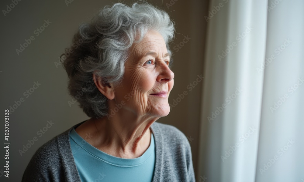 Senior lady with gray hair smiling while looking out from indoors. Senior lady with gray hair smiling while looking out from indoors.