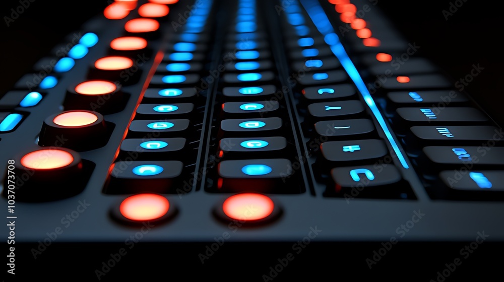 Close-up of a keyboard with red and blue illuminated keys. Close-up of a keyboard with red and blue illuminated keys.