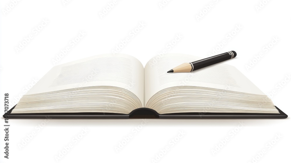 Open Book and Pencil on White Surface Open Book and Pencil on White Surface