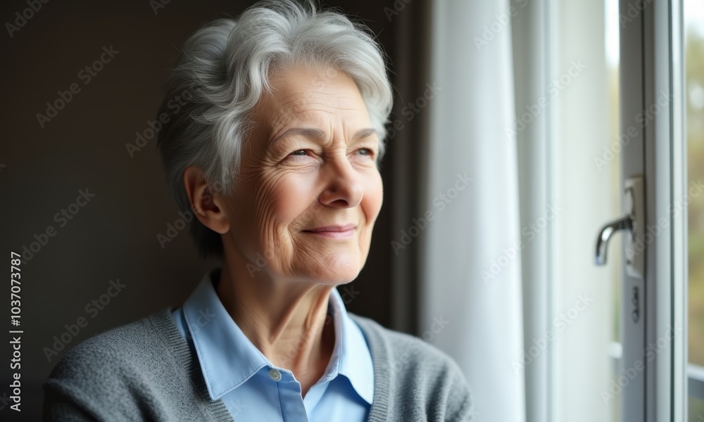 Senior lady smiling as she reflects near the window. Senior lady smiling as she reflects near the window.