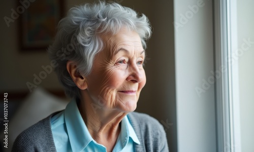 Elderly woman appreciating the day as she looks outside.