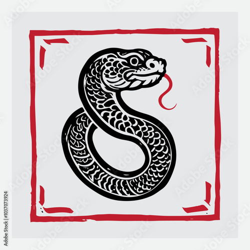 Year of the Snake: Ancient Chinese Zodiac Symbol in Modern Woodcut Style. Traditional Asian New Year Art with Contemporary Bold Design. Traditional Chinese Zodiac Animal in Bold Black and Red.