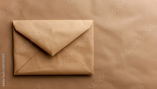 Kraft paper envelope on brown background, top view. Space for text