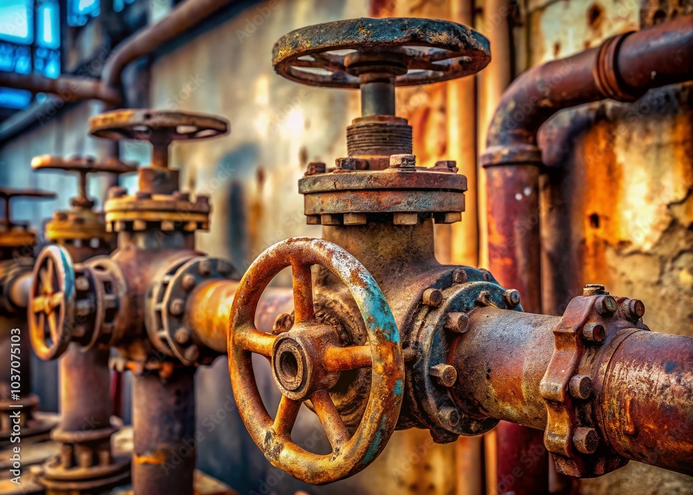 Rusty Industrial Valves on a Pipe - Surreal Photography Rusty Industrial Valves on a Pipe - Surreal Photography