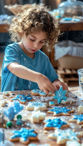 Joyful Child Decorating Hanukkah Cookies with Blue and White Icing for Festive Holiday Fun photo