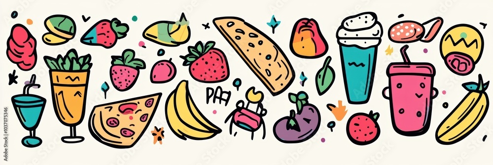 Naklejka premium A vibrant collection of playful doodles showcasing a variety of foods, including pizza, ice cream, fruits, and refreshing drinks. Generative AI