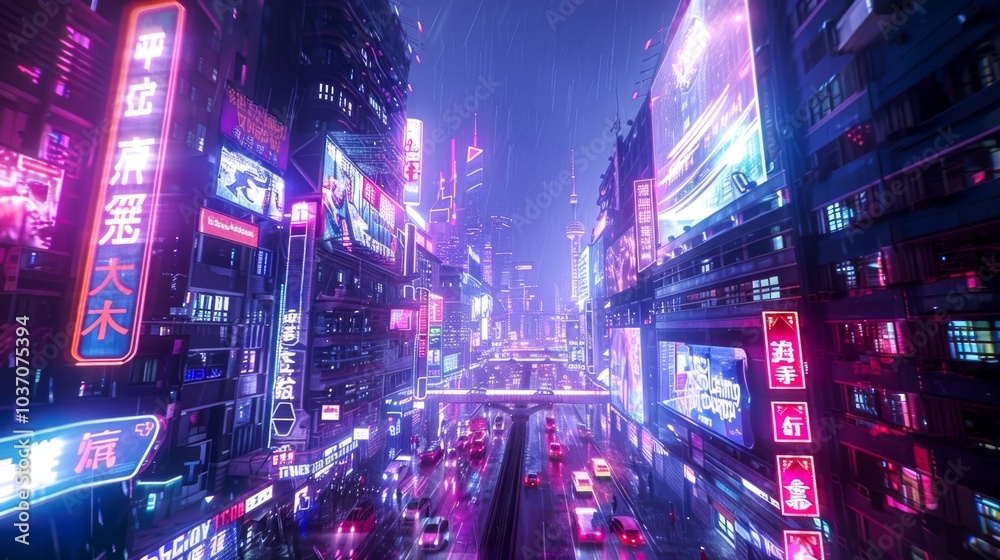 Futuristic cityscape with neon signs and holographic billboards, surrounded by glitch effects Futuristic cityscape with neon signs and holographic billboards, surrounded by glitch effects