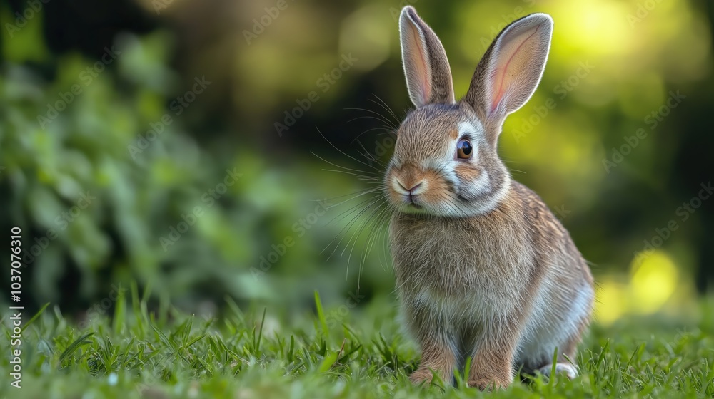 Fototapeta premium Cute rabbit on a blurred greenery background, bunny