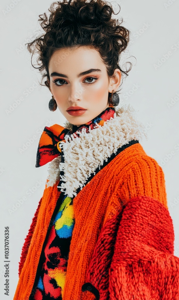 Woman with curly hair wearing colorful knitted sweater. Woman with curly hair wearing colorful knitted sweater.