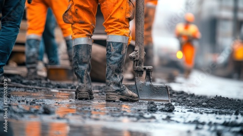 Construction Workers in Muddy Boots During Road Work
