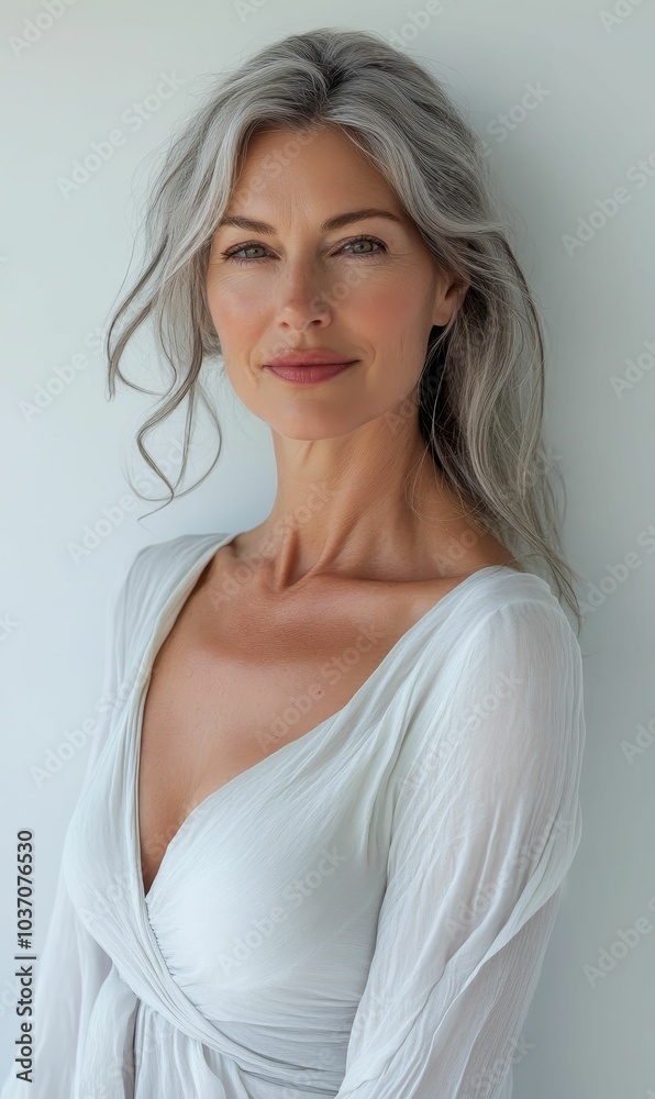 Fototapeta premium Woman with silver hair wearing white dress.
