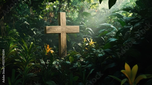 Wooden Cross in Lush Jungle photo