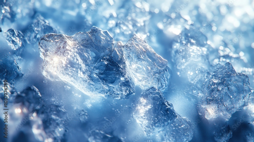 Close-up of clear ice crystals with a blue hue and sunlight reflecting off the surface. Close-up of clear ice crystals with a blue hue and sunlight reflecting off the surface.